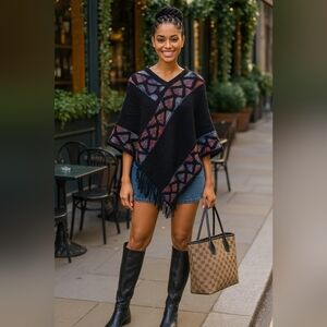 New Boho Knit Poncho Fringe Cottagecore Wrap Embroidered Cover-Up Gift Ready